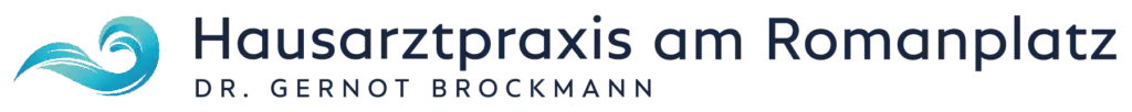 Logo der Hausarztpraxis am Romanplatz, Dr. Gernot Brockmann, mit stilisiertem blauen Herzsymbol.