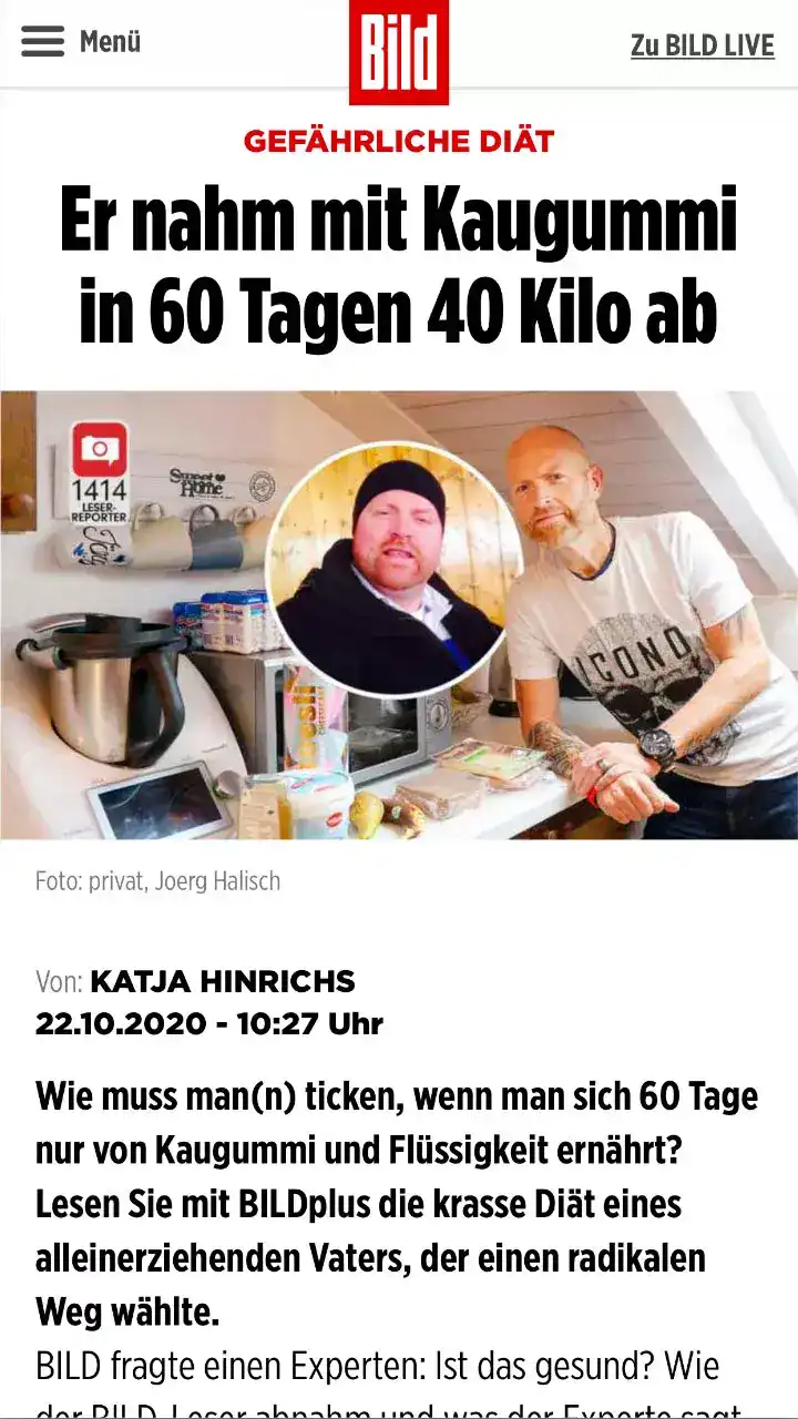 Zeitungsartikel über eine extreme Diät mit Kaugummi, Bild eines Mannes vor und nach Gewichtsverlust, Thema Gesundheit und Ernährung.