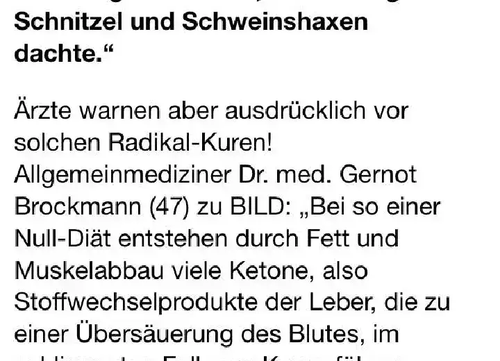 Textausschnitt aus einem Artikel, in dem ein Allgemeinmediziner vor Radikal-Diäten warnt, mit Bezug auf die Hausarztpraxis am Romanplatz in München.