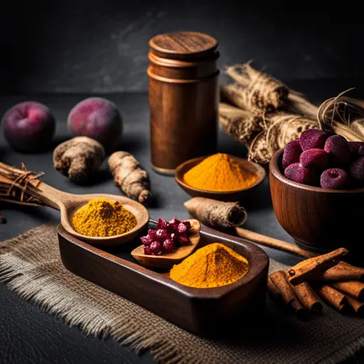 Natürliche Zutaten zur Förderung der Darmgesundheit: Kurkuma, Beeren und Wurzeln für eine gesunde Darmflora.