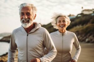 Fibromyalgie verstehen: Symptome, Diagnose und effektive Behandlung 224 Älteres Paar joggt lächelnd am Strand entlang, trägt sportliche Kleidung, symbolisiert Fitness und Lebensfreude im Alter, Magnesium, Magnesiummangel, Muskelschmerzen