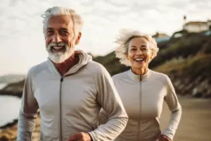 Älteres Paar joggt lächelnd am Strand entlang, trägt sportliche Kleidung, symbolisiert Fitness und Lebensfreude im Alter, Magnesium, Magnesiummangel, Muskelschmerzen