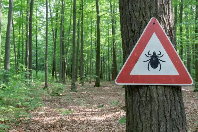 Warnschild vor Zecken im Wald, Hinweis auf FSME- und Borreliose-Risiko, Bedeutung der FSME-Impfung in München, sichere Zeckenentfernung und Prävention von Frühsommer-Meningoenzephalitis.