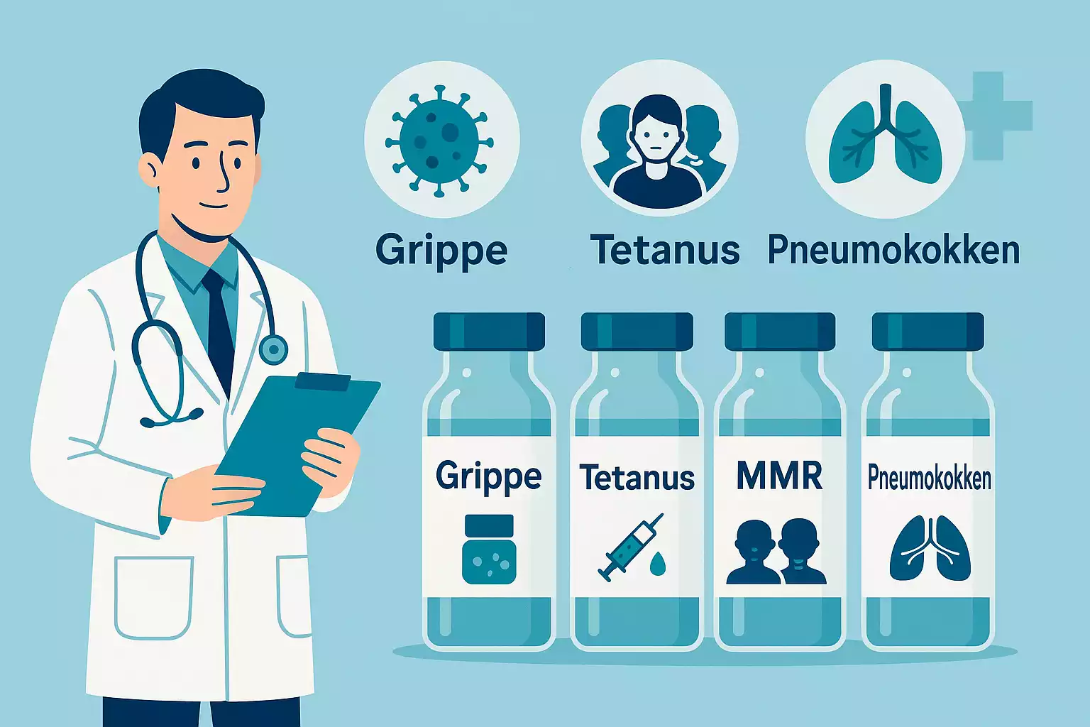 Illustration: Schutz vor Grippe, Tetanus, MMR und Pneumokokken – Hausarztpraxis am Romanplatz