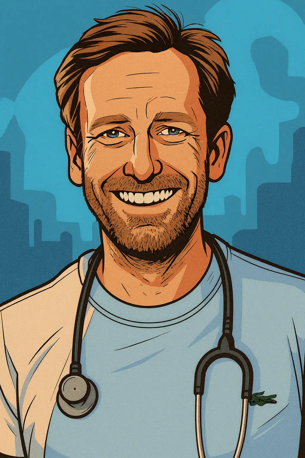 Hausarzt München: Comic-Portrait von Dr. Gernot Brockmann mit Stethoskop