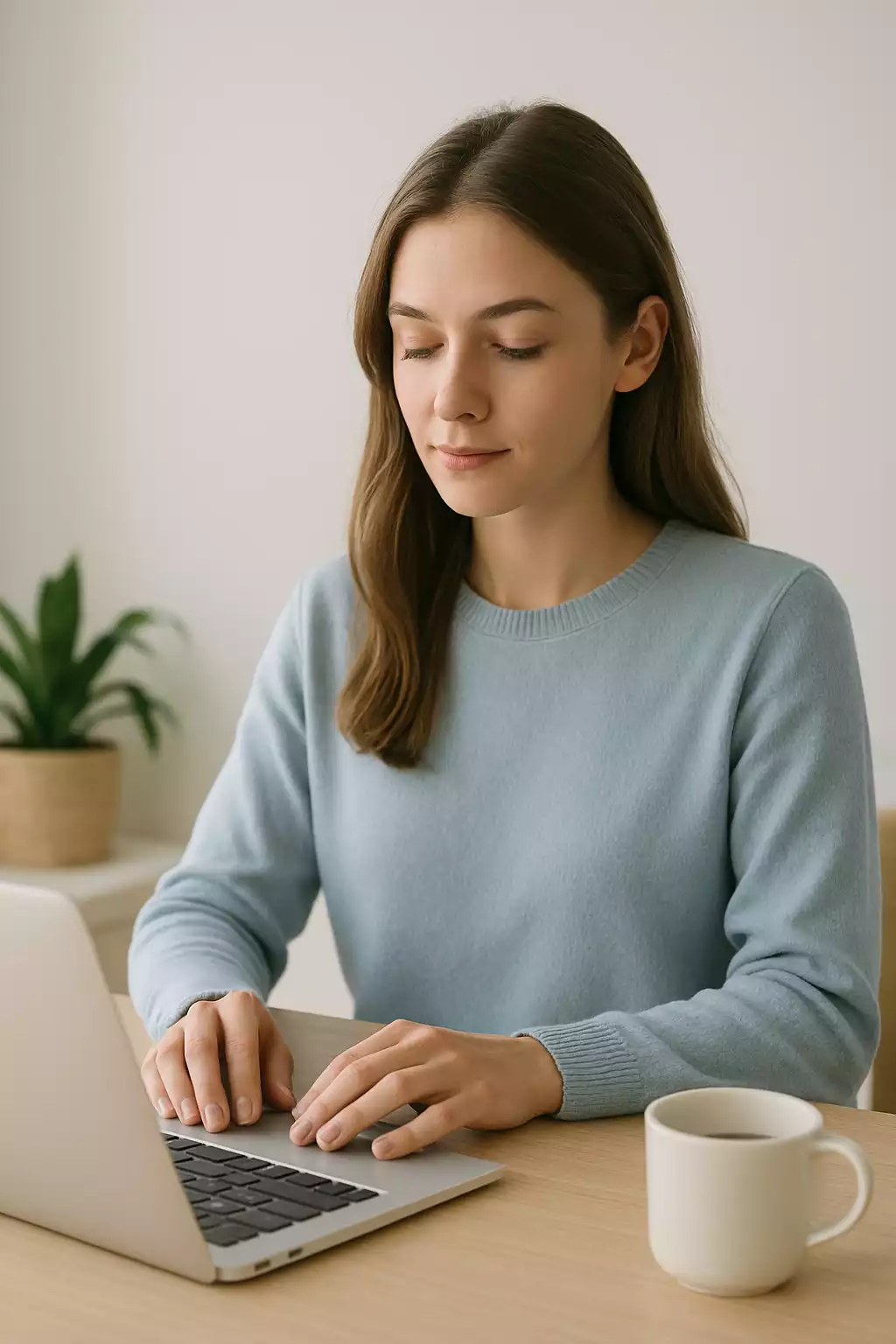 Mondfinil im Alltag: konzentrierte Frau am hellen, minimalistischen Arbeitsplatz