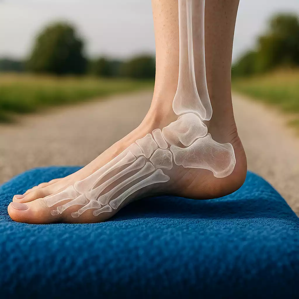 Fuß auf elastischem Balancekissen mit Knochen-Overlay – Training der Stabilität an der Fußaußenseite