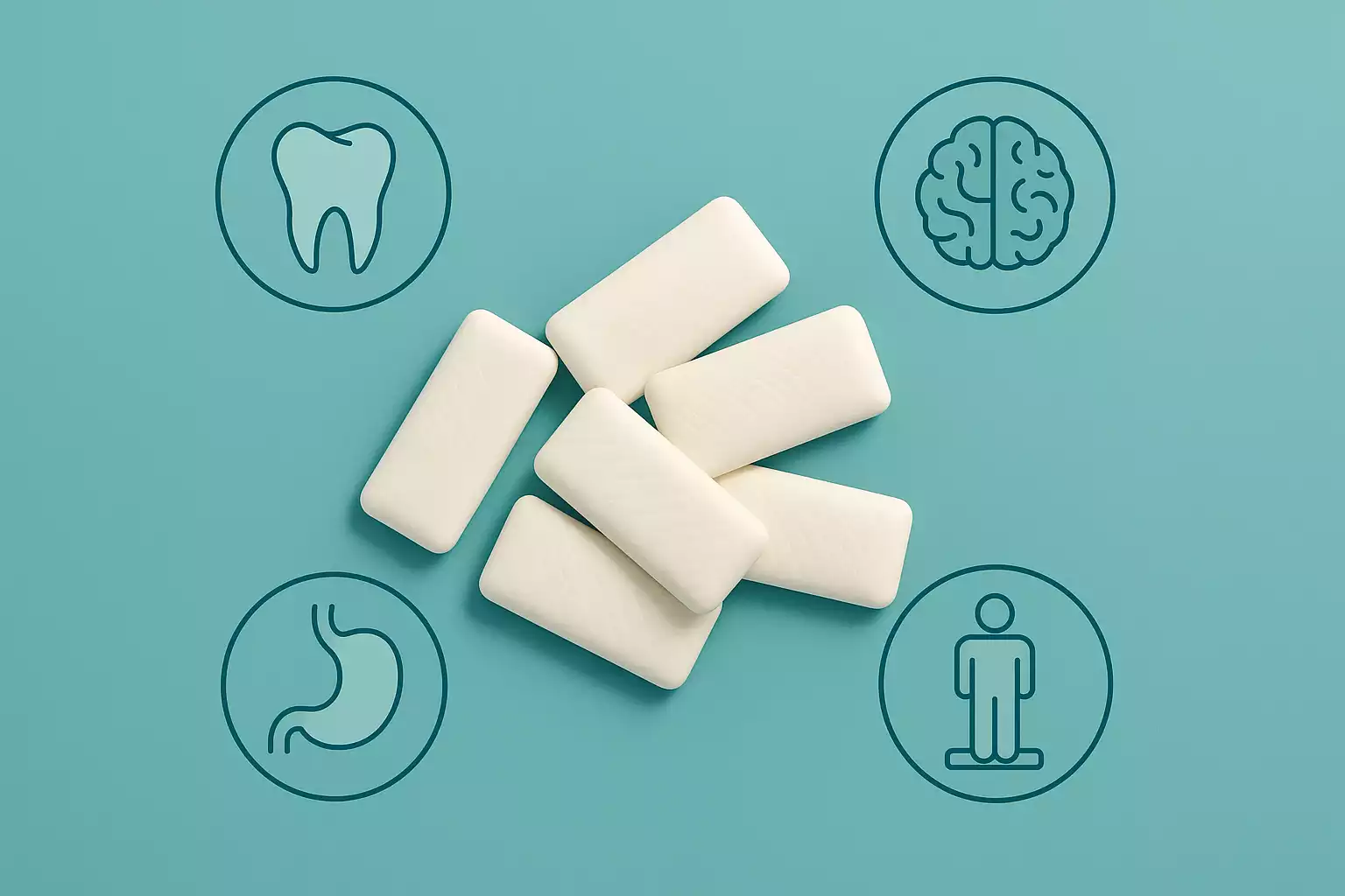 Zuckerfreier Kaugummi mit Symbolen für Zähne Gehirn Magen und Figur – gesundheitliche Wirkung von Chewing Gum