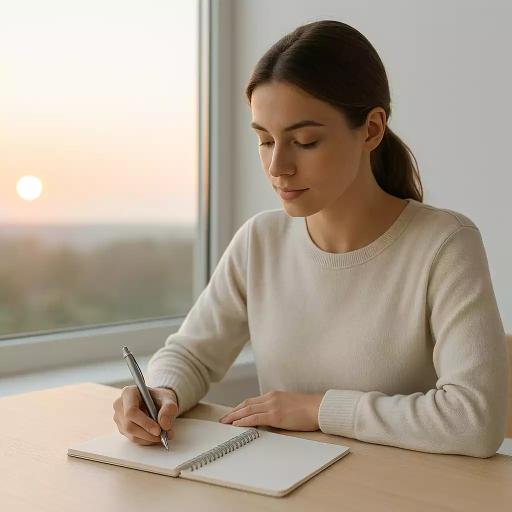 Mondfinil & Balance: Morgensonne über minimalistischem Schreibtisch, ruhige Energie