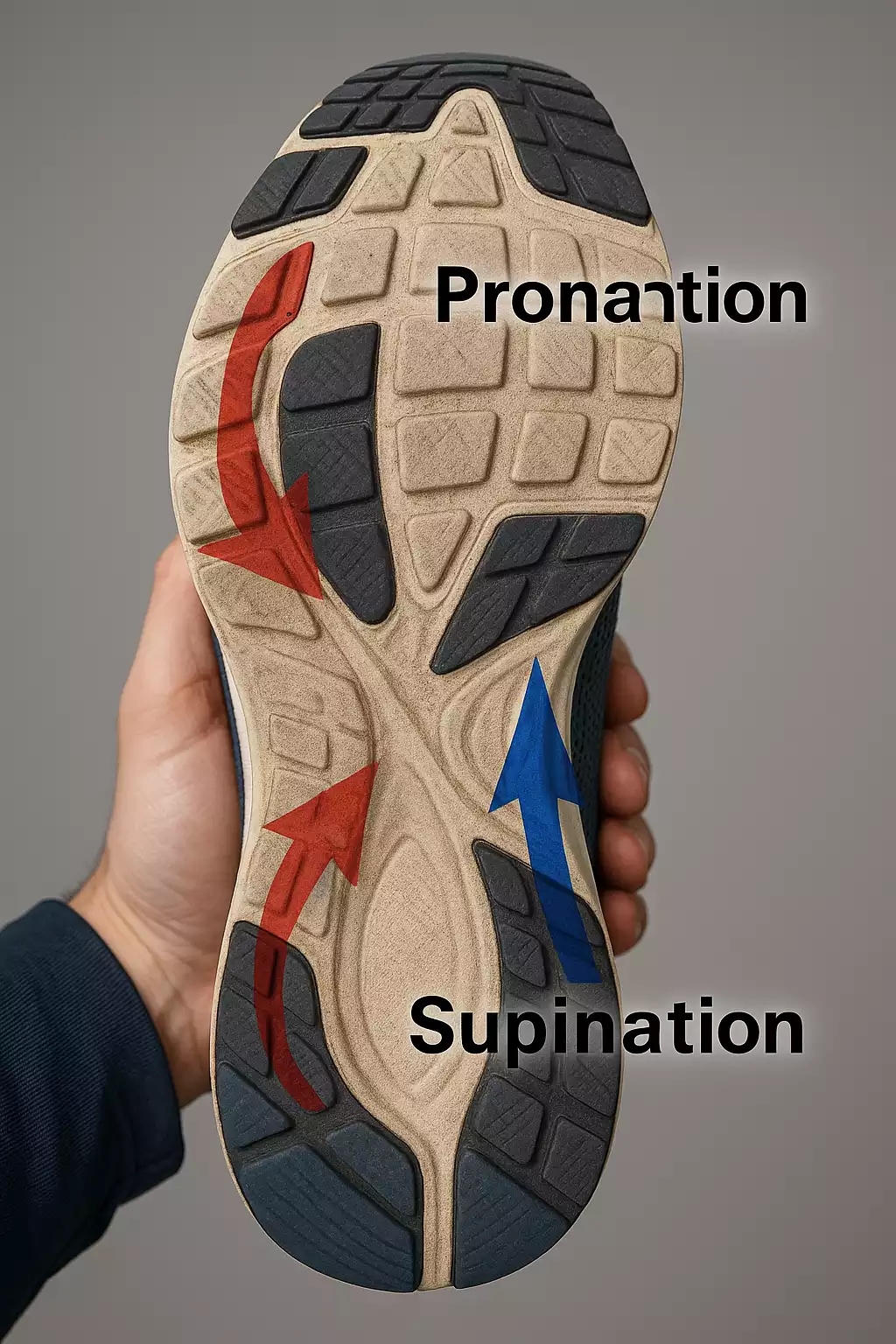 Schuhsohle mit Verschleiß bei Pronation und Supination – Anhaltspunkte für Fehlbelastung des Fußes