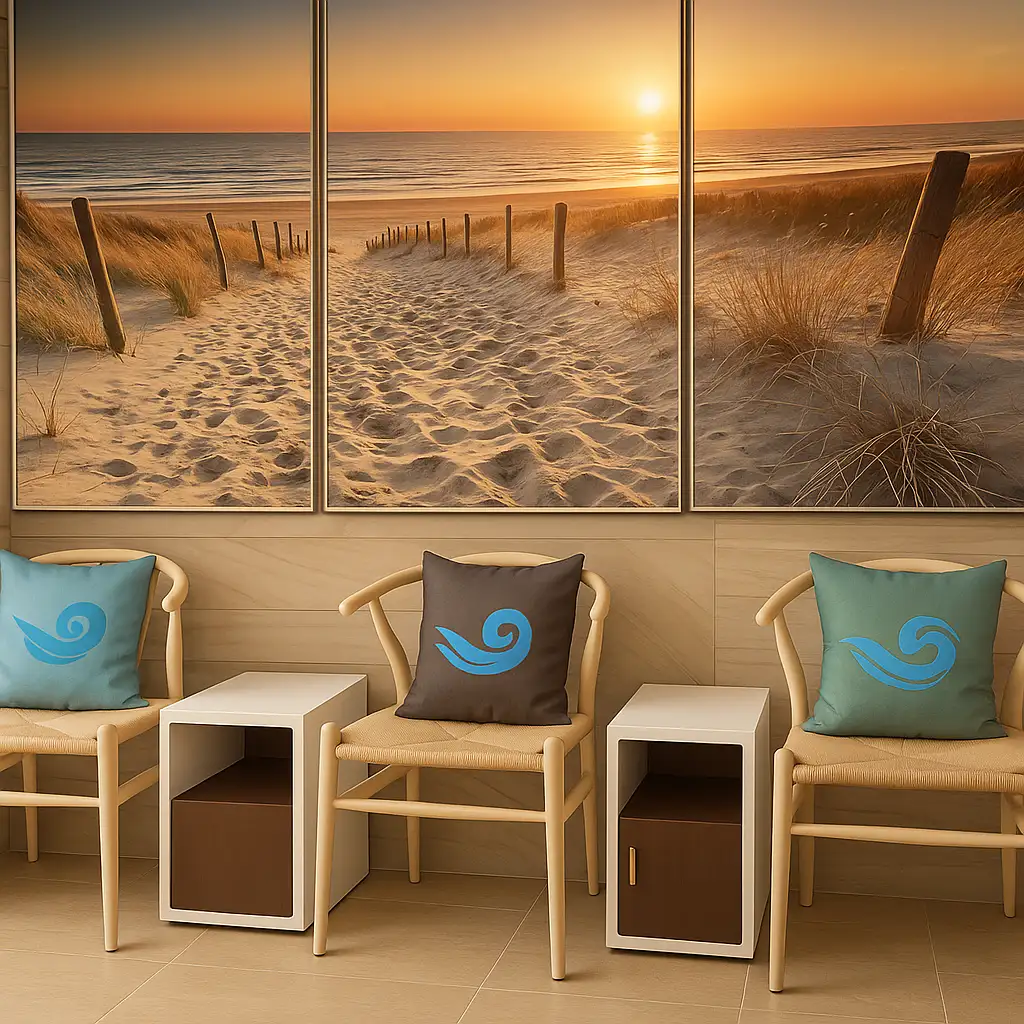 Wartebereich der Hausarztpraxis Nymphenburg am Romanplatz mit Strand-Sonnenuntergangsbild und Designstühlen