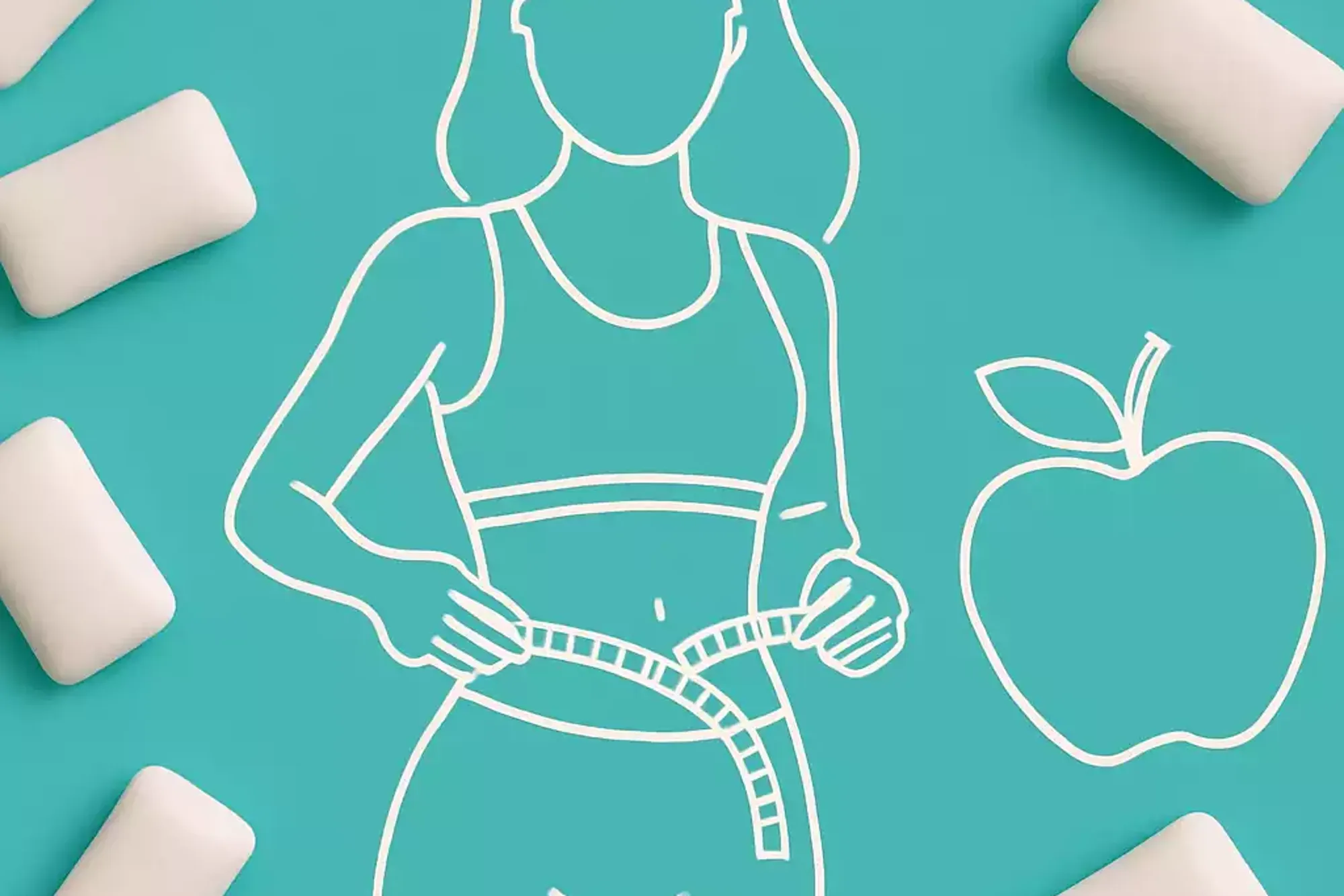 Kaugummi und Abnehmen – Frau mit Maßband und Kaugummi-Symbol als Appetitbremse