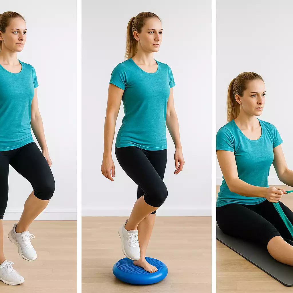 Fußübungen bei seitlichem Fußschmerz: Einbeinstand, Balancekissen und Peroneus-Activation mit Band